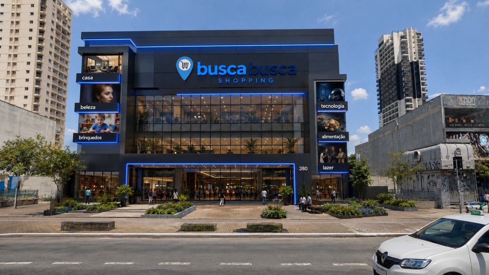 Projeto de fachada do Busca Busca Shopping: prédio de três andares com vidro, luz azul e setores casa, beleza, brinquedos, tecnologia, alimentação e lazer